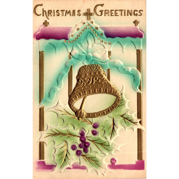 Postcard Vintage Christmas Greetings Victorian Style Gold Bell and Holly Cross - Picture 1 of 2